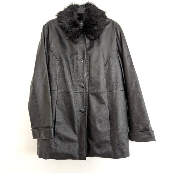 TERRY LEWIS Detachable Coat Women's L Black‎ Leather Faux Fur 2 In 1 Pockets - Picture 1 of 16